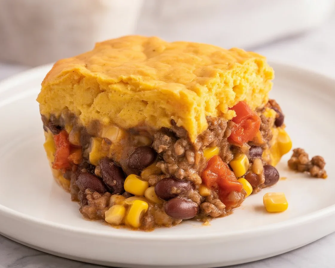 Delicious Easy Cowboy Cornbread Casserole with ground beef and cornbread topping