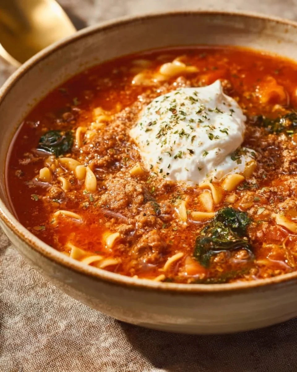 Bowl of gluten-free lasagna soup garnished with herbs and cheese substitute