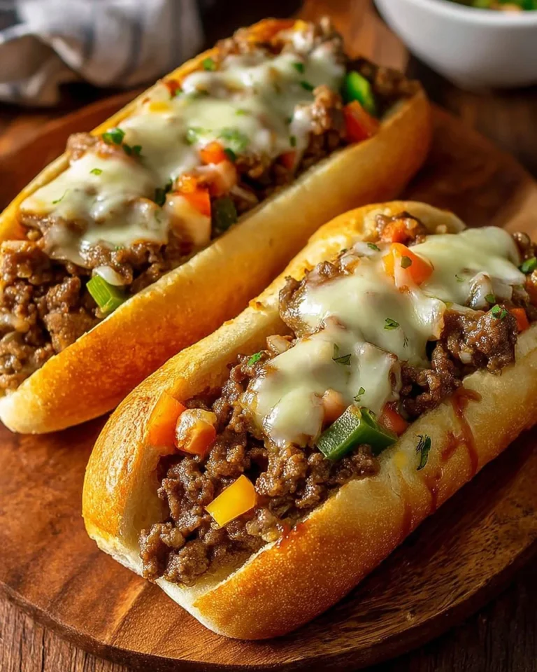 Delicious ground beef Philly cheesesteaks served on a plate with toppings.
