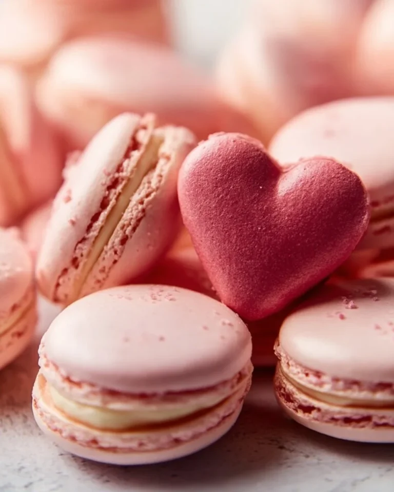 Heart-shaped macarons in pastel colors arranged on a delicate platter.