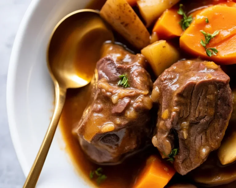 Bowl of Slow Cooker Irish Beef Stew filled with tender beef and vegetables.