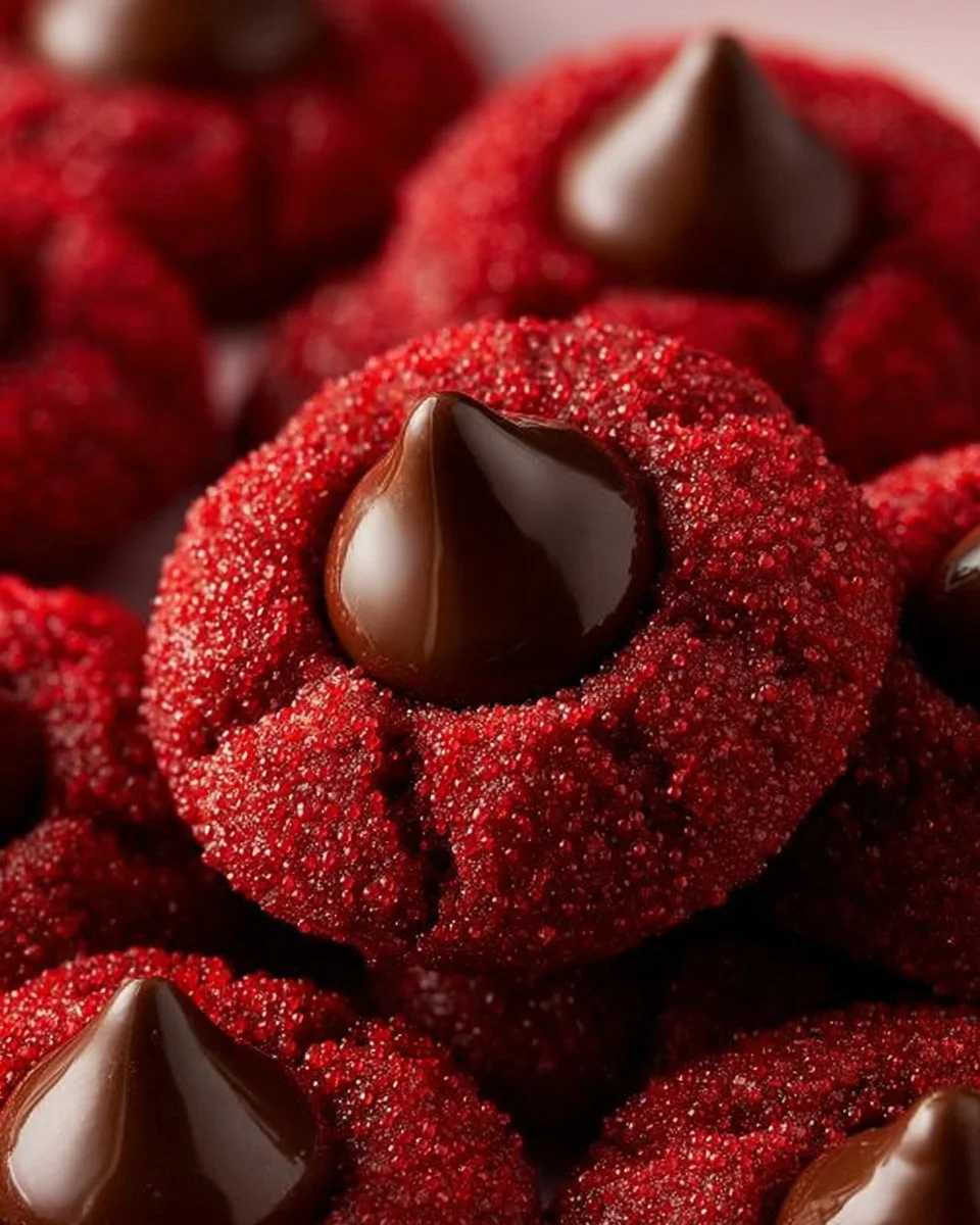 Delicious Hershey's Red Velvet Blossoms cookies on a plate.