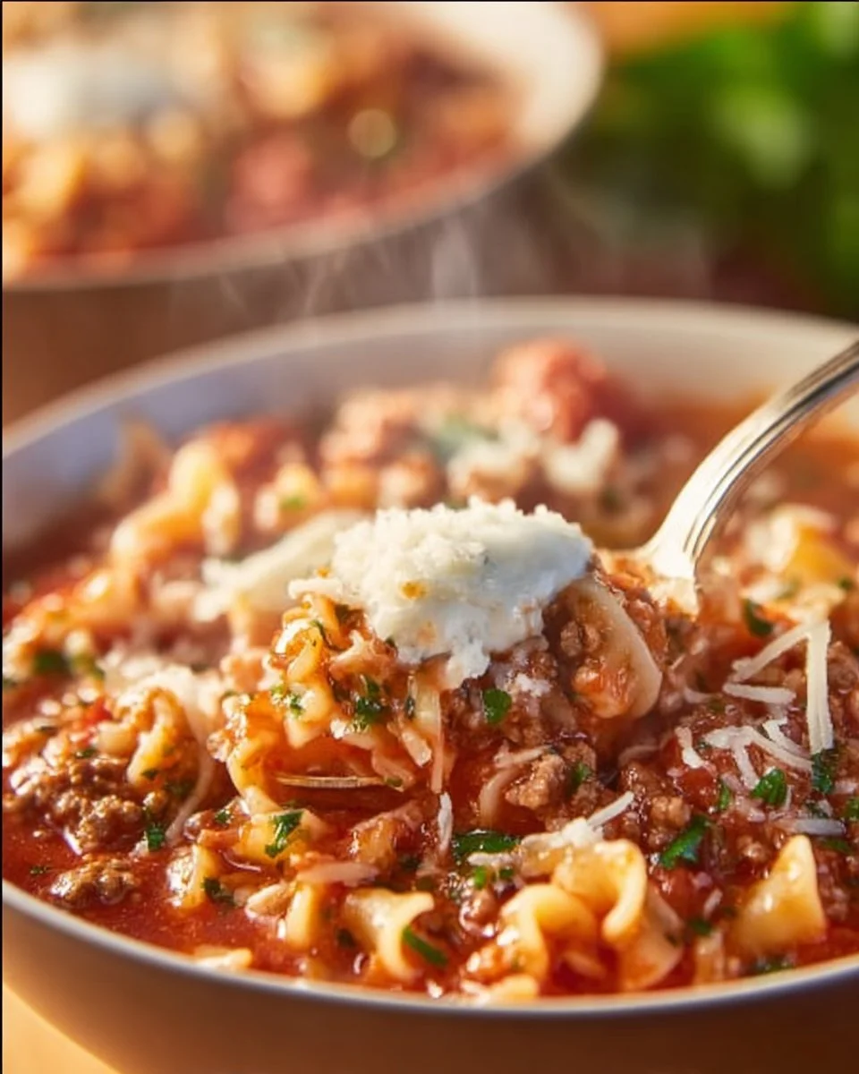 Bowl of high protein lasagna soup topped with herbs and cheese