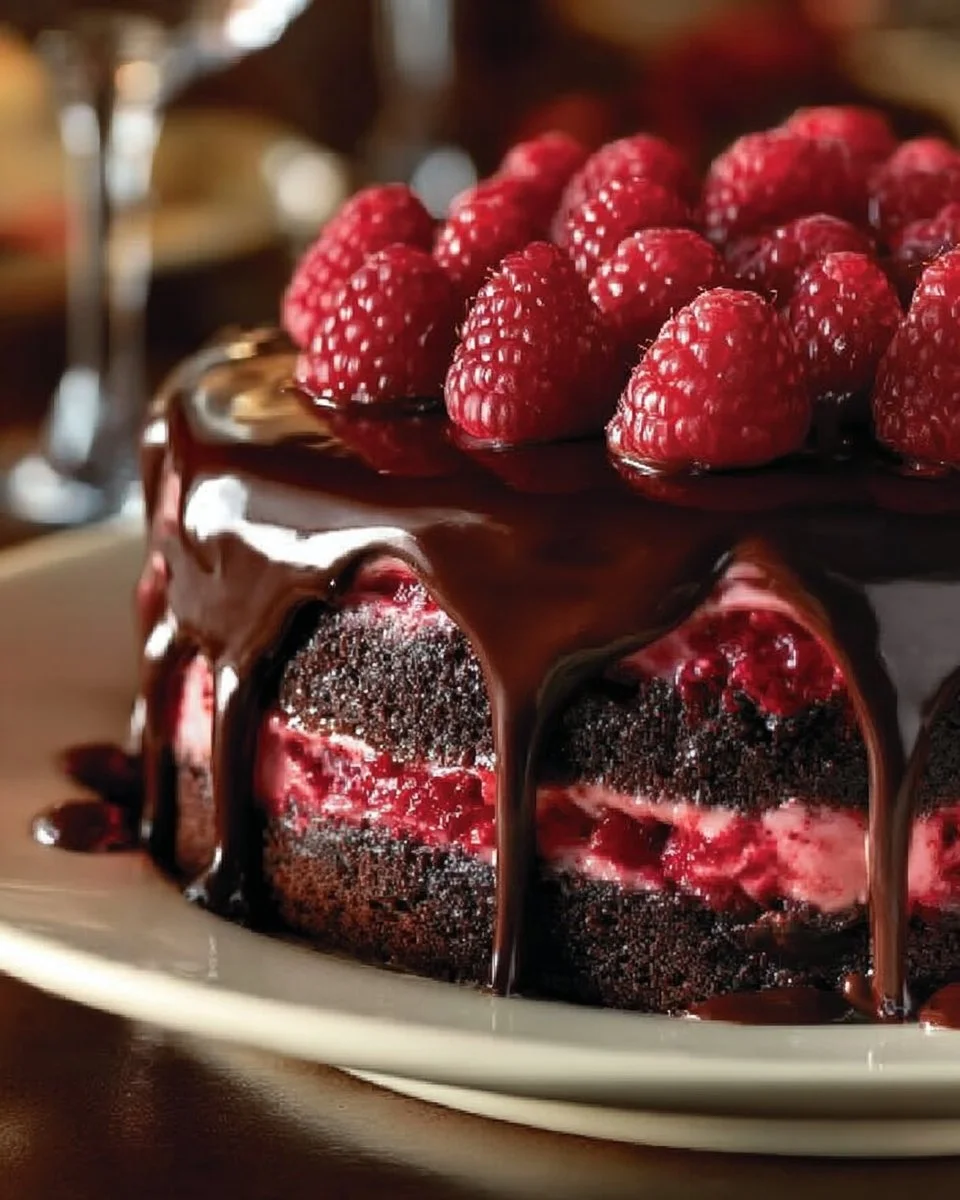 Delicious dark chocolate raspberry cheesecake slice on a plate.