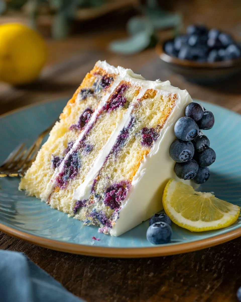 Lemon blueberry cake with cream cheese frosting on a decorative plate