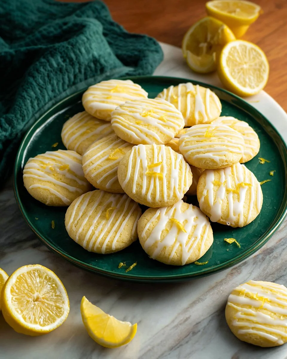 Plate of freshly baked lemon cookies with a light dusting of powdered sugar.