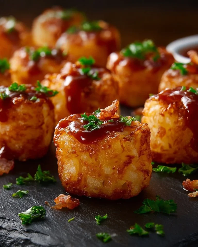 Plate of Loaded Brava's Tots topped with cheese, bacon, and herbs.