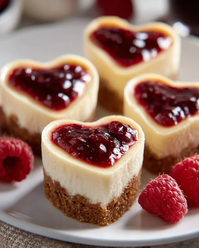 Mini cheesecake bites topped with raspberry hearts on a serving plate