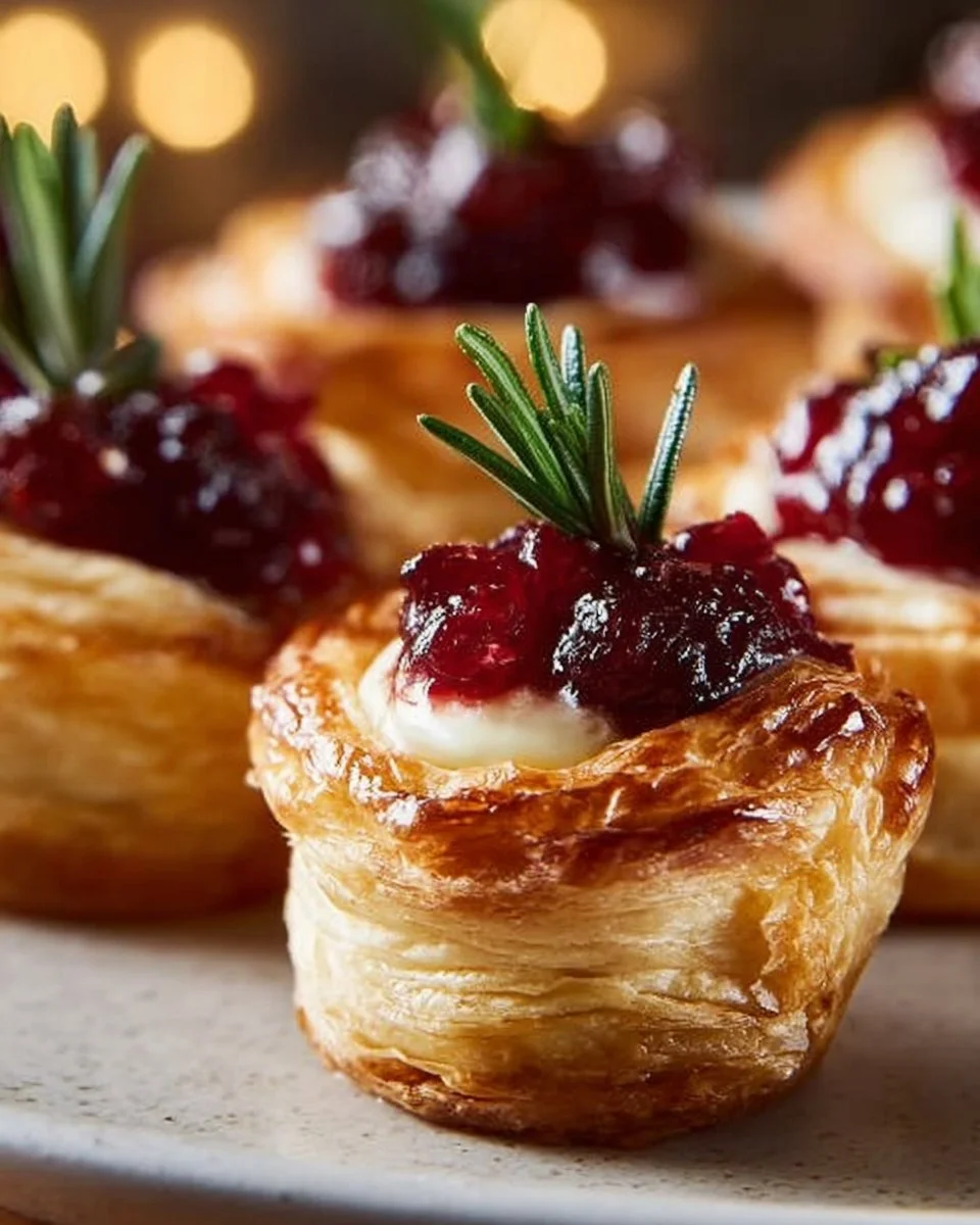 Mini cranberry brie bites on a serving platter with puff pastry