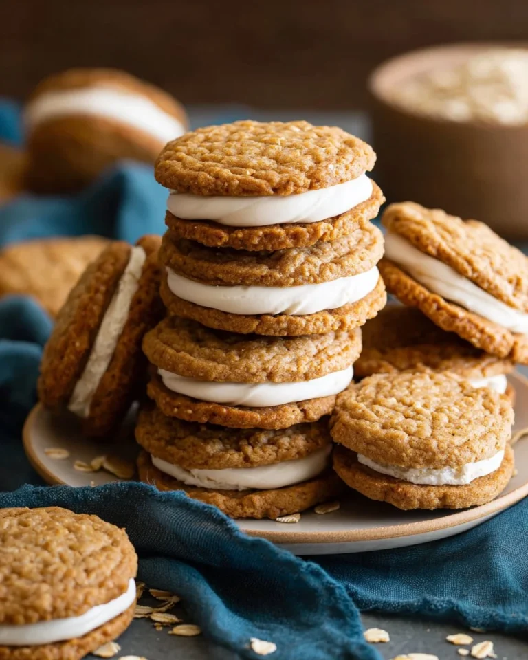 Homemade Oatmeal Cream Pies with cream filling between soft cookies