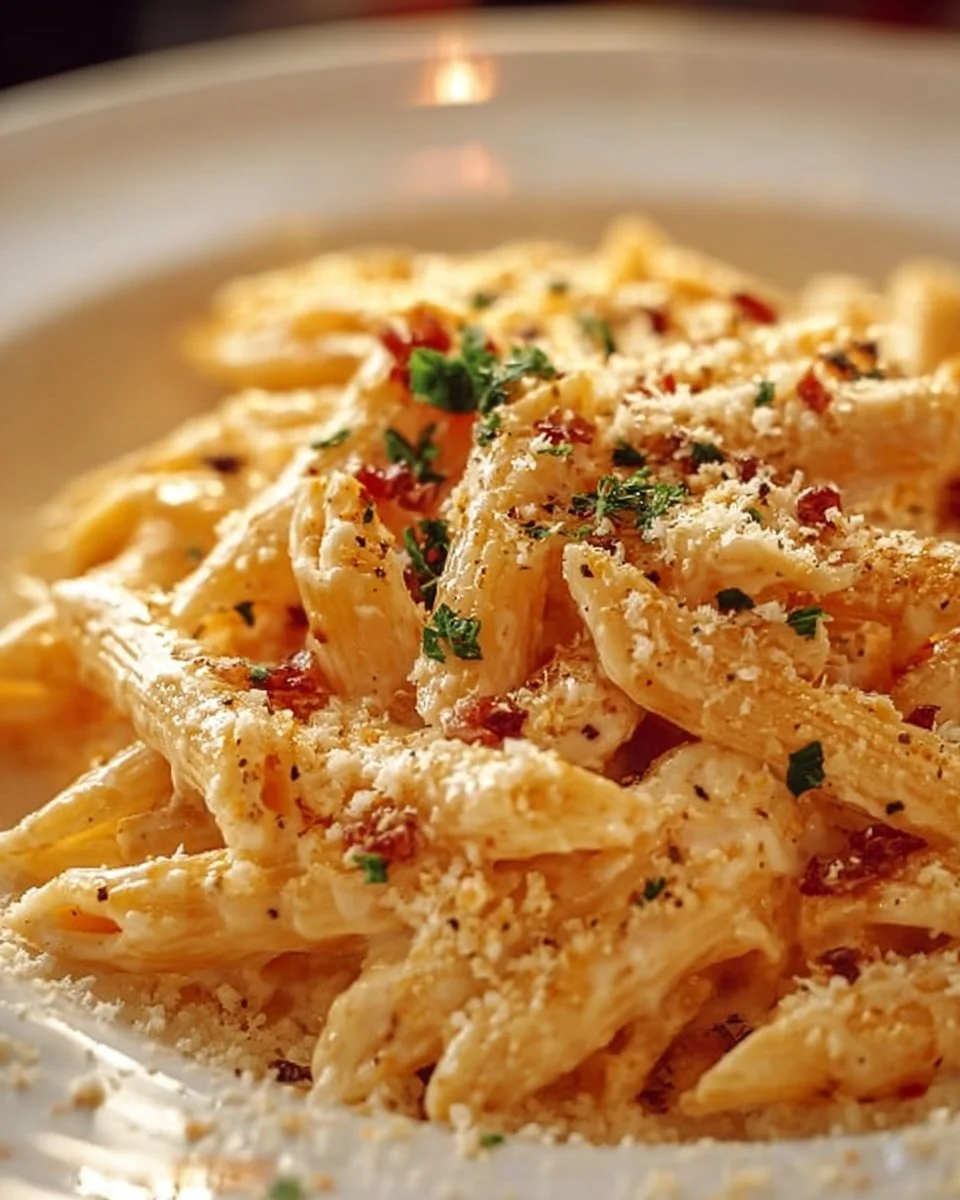 One Pot Creamy Garlic Pasta topped with parsley in a serving bowl