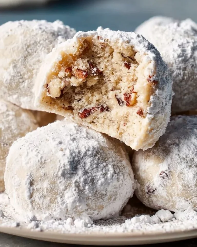 Pecan snowball cookies dusted with powdered sugar on a plate