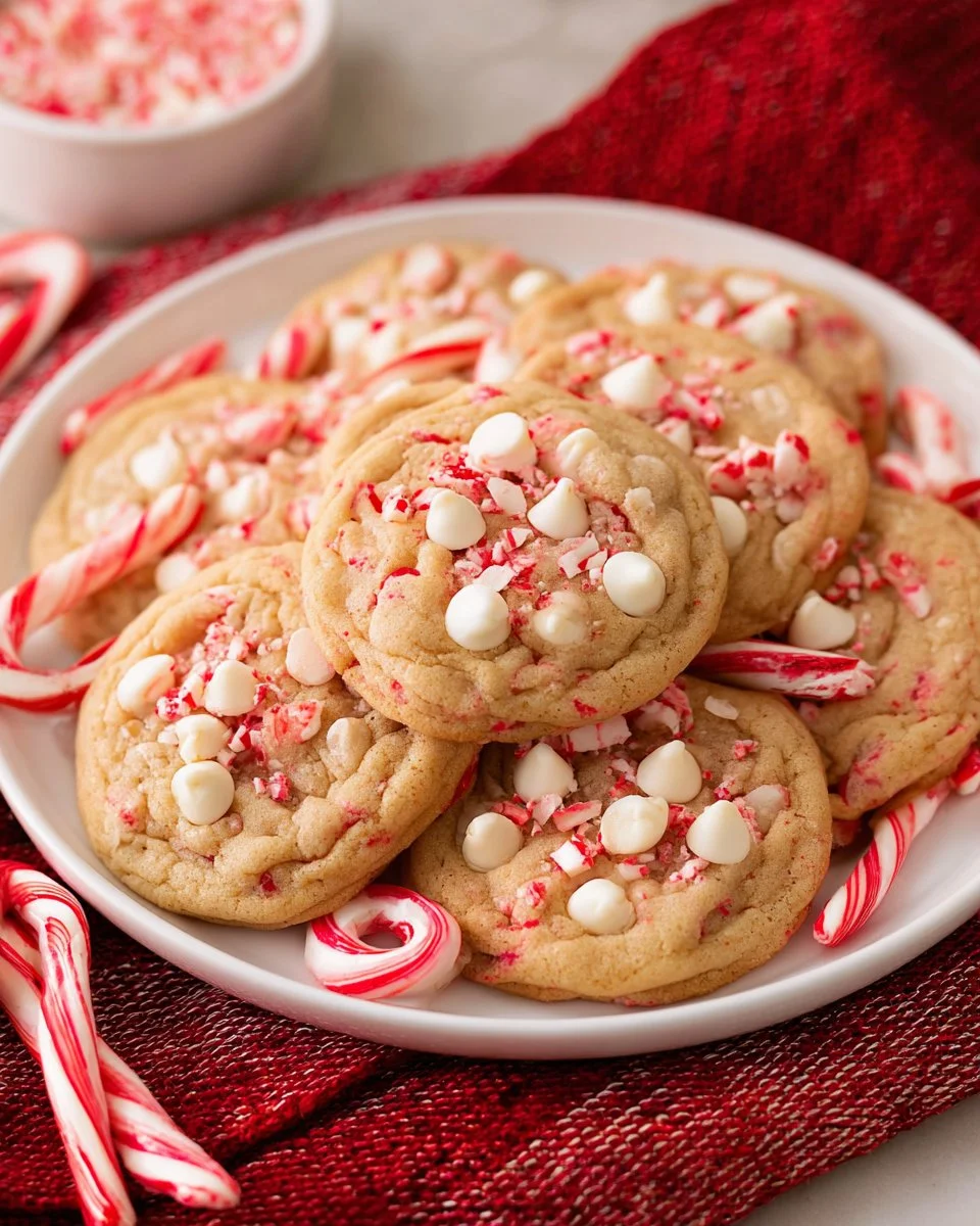 Plate of fresh peppermint cookies with a candy cane garnish