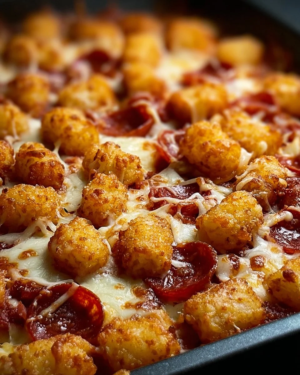 Delicious Pizza Tot Casserole topped with melted cheese and pizza toppings