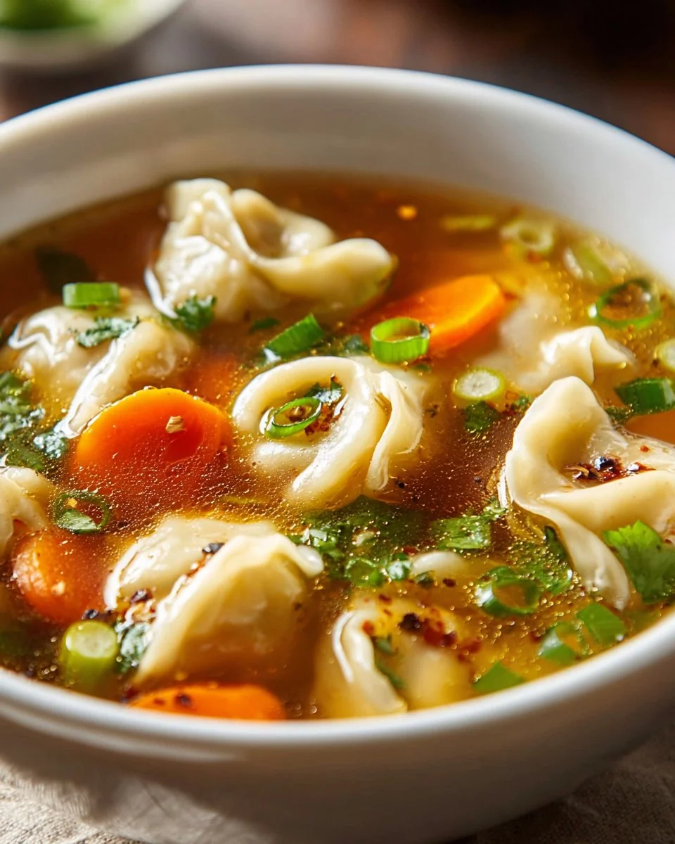 Bowl of comforting Potsticker Soup garnished with herbs and ingredients