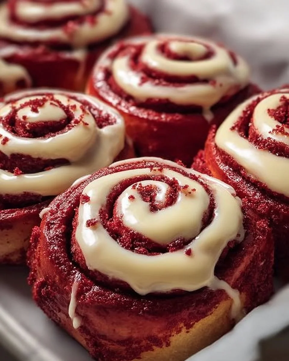 Delicious red velvet cinnamon rolls topped with cream cheese icing