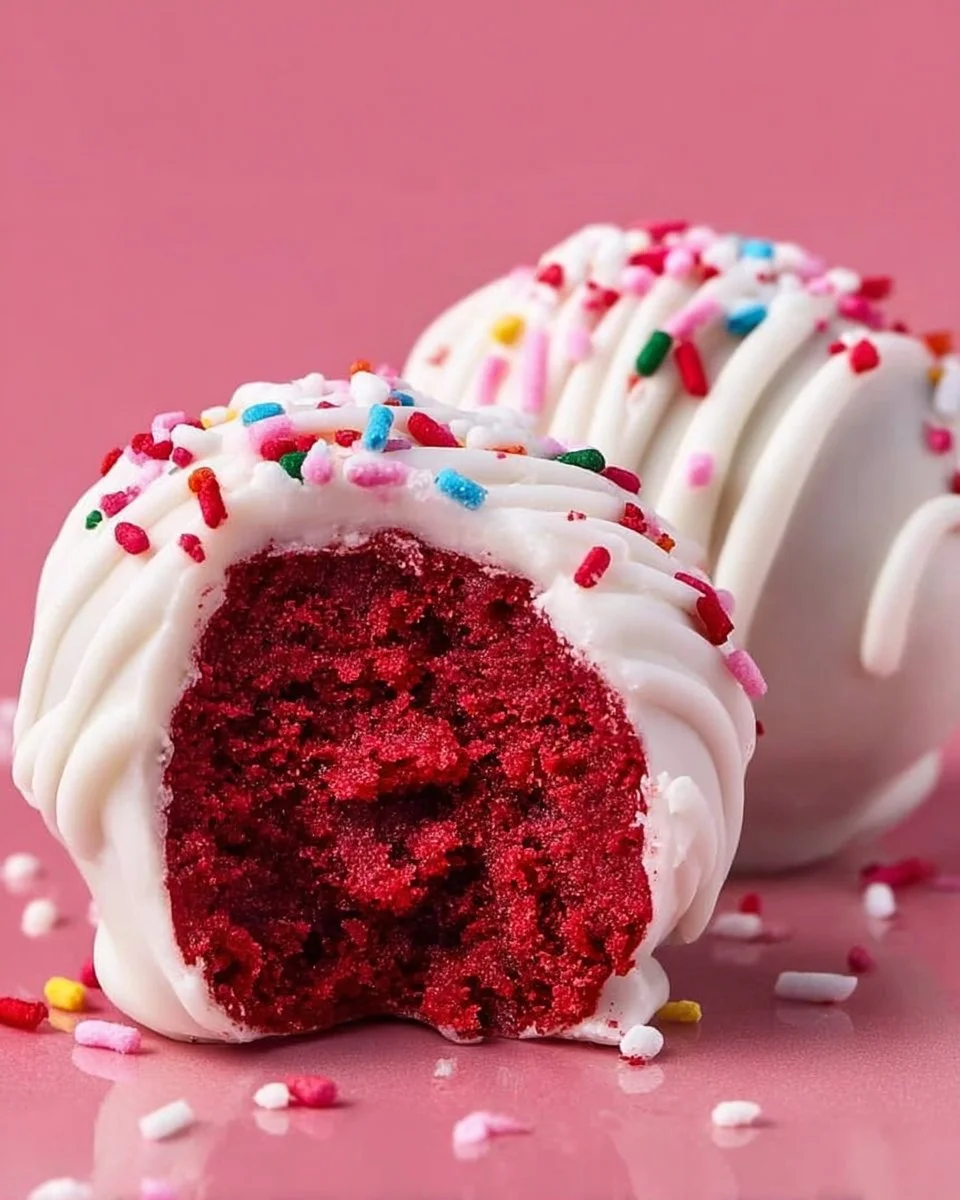 Delicious red velvet truffles drizzled with white chocolate.