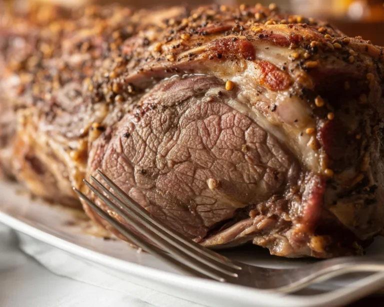 Perfectly roasted New York strip loin roast with a savory crust on a serving platter