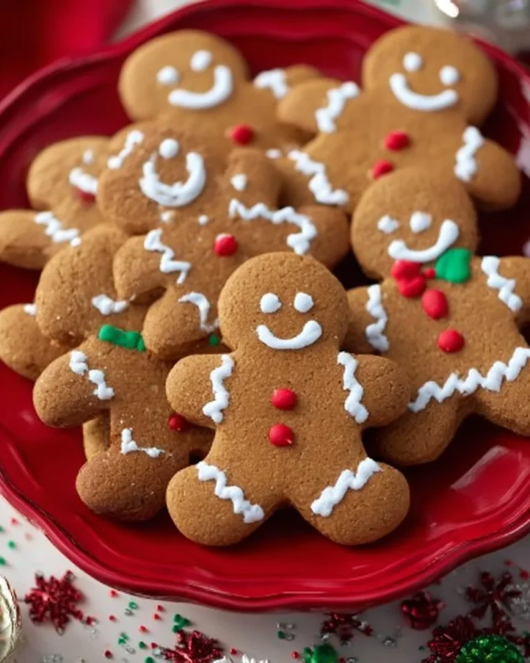 Soft and chewy gingerbread men cookies on a festive plate