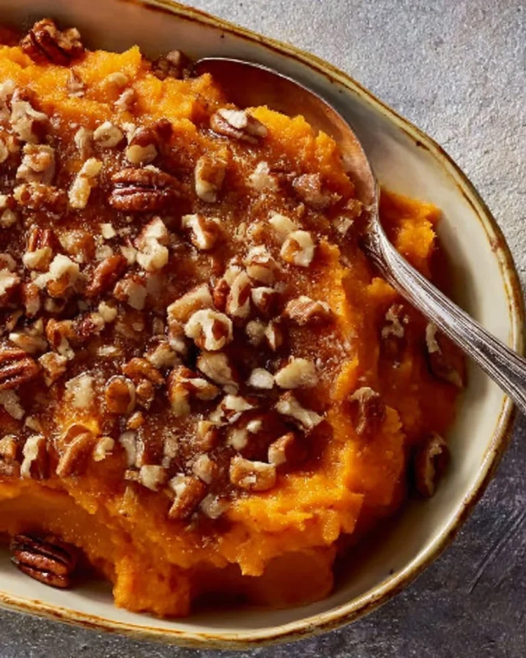 Delicious Southern Maple Sweet Potato Casserole topped with pecans