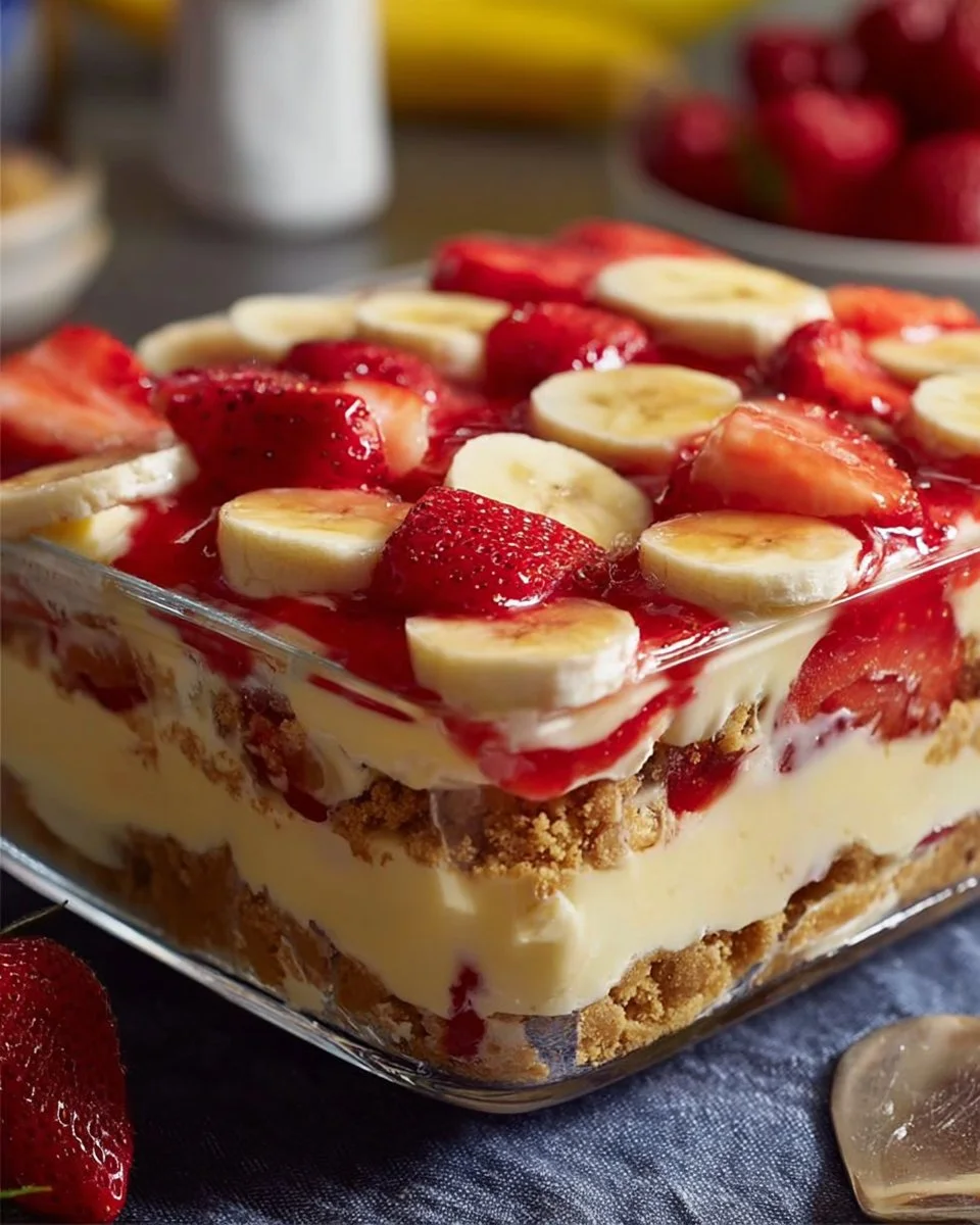 Delicious strawberry banana pudding served in a bowl with fresh fruit toppings