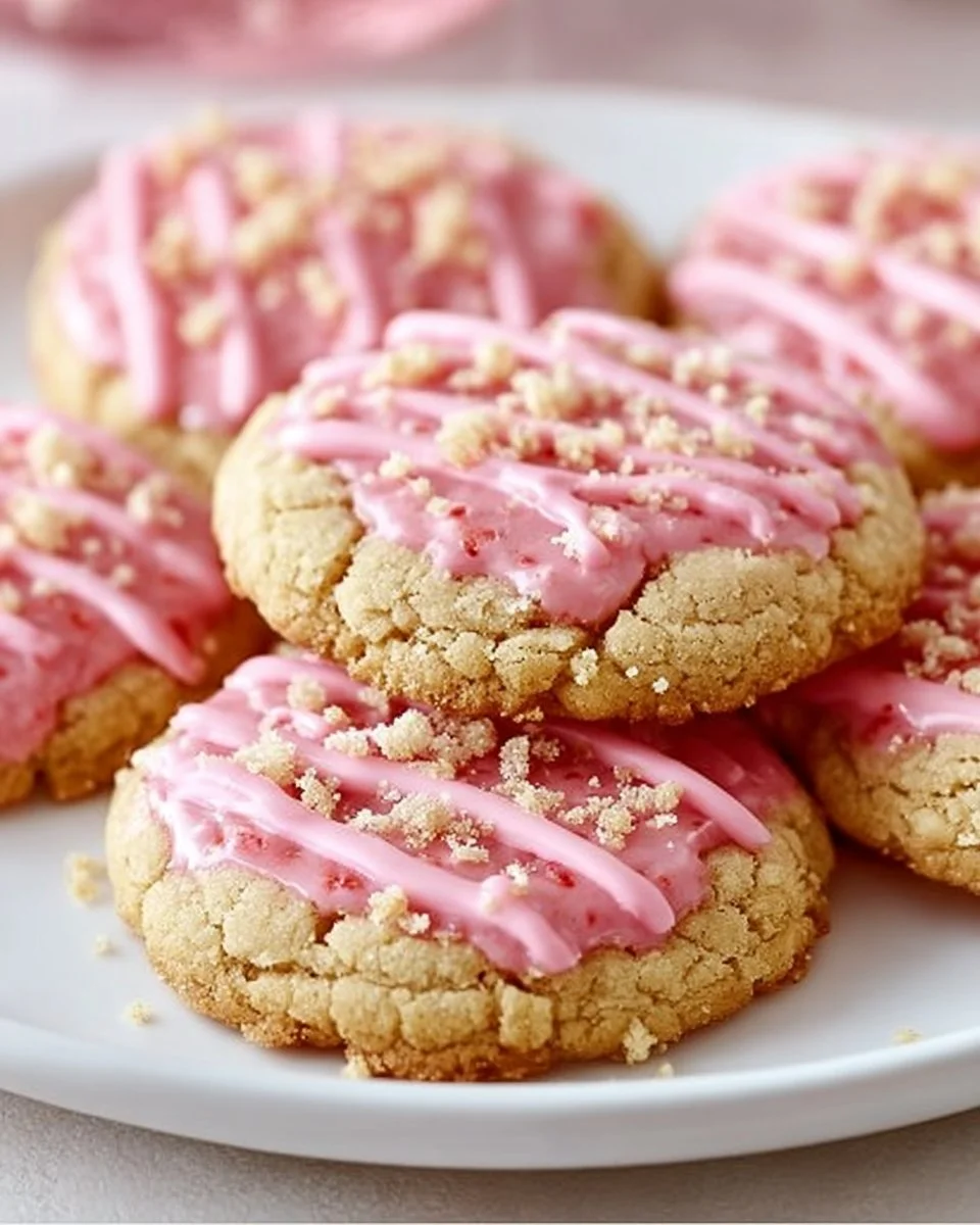 Freshly baked Strawberry Crunch Cookies with a crispy topping