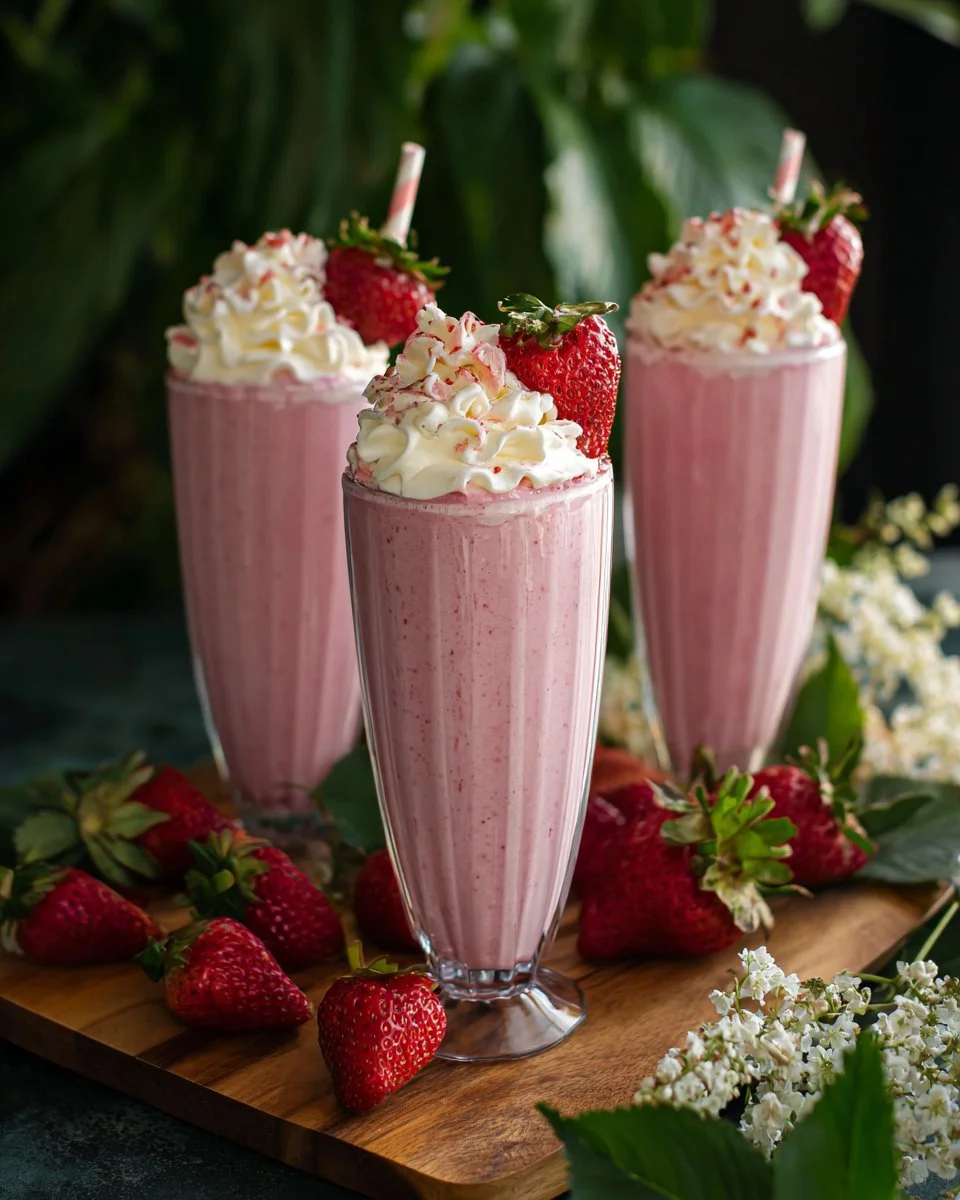 Delicious strawberry milkshake topped with whipped cream and fresh strawberries