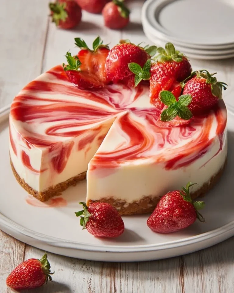 Delicious strawberry swirl cheesecake topped with fresh strawberries
