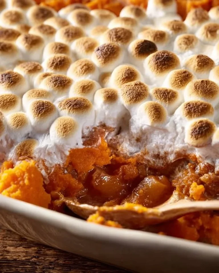 Delicious sweet potato casserole topped with marshmallows and pecans.