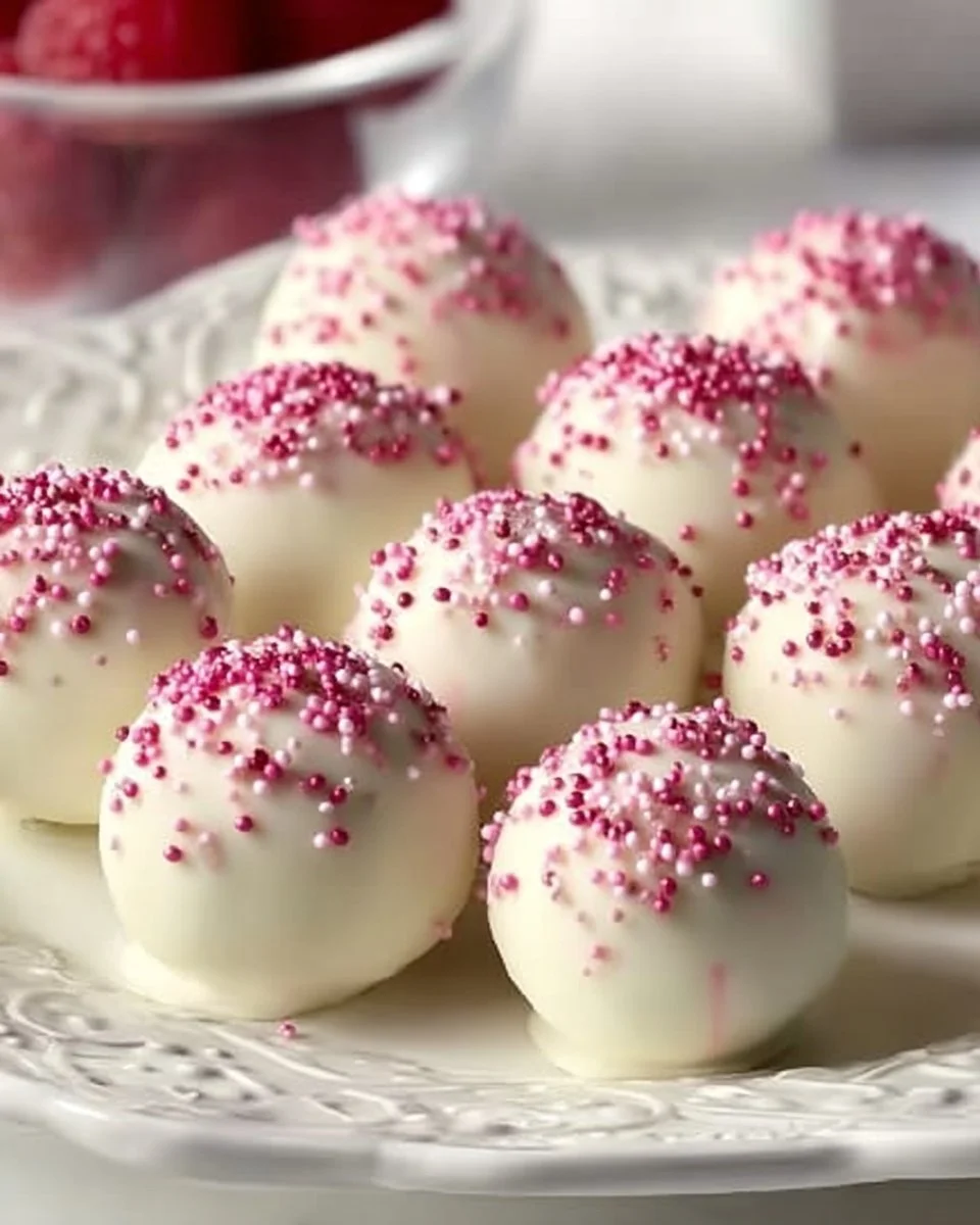 Decadent white chocolate raspberry truffles on a decorative plate