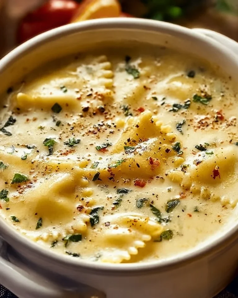 Bowl of creamy white lasagna soup topped with cheese and fresh herbs