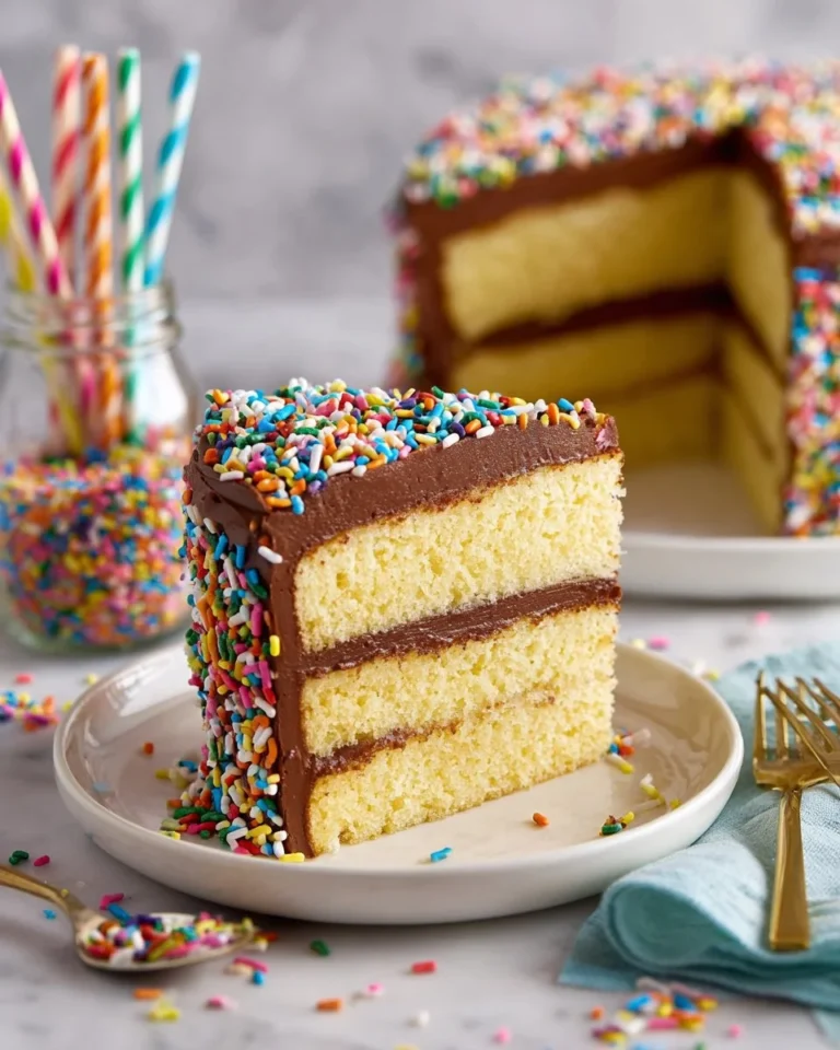 Delicious yellow cake with chocolate buttercream frosting on a white plate