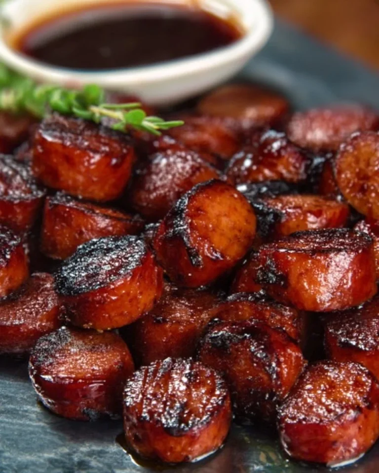 Air fryer hot dog burnt ends served on a plate with barbecue sauce