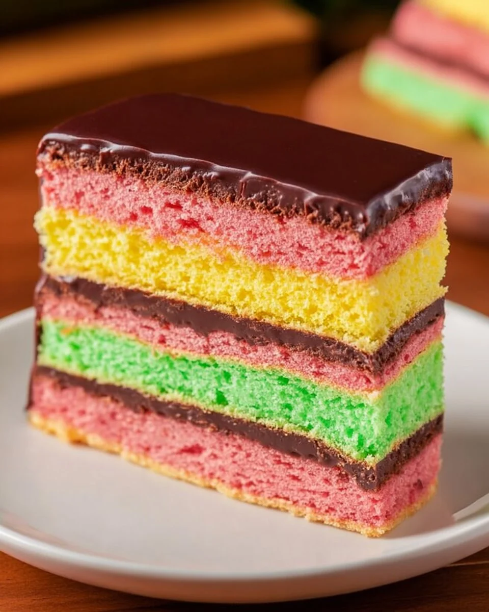 Slice of authentic Italian rainbow cake showcasing colorful layers and vibrant frosting.