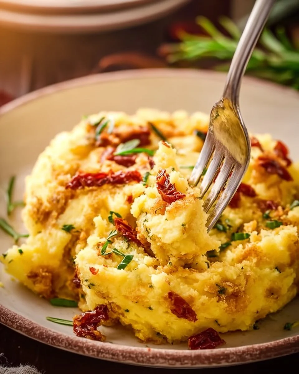 Baked mashed potatoes topped with sun dried tomatoes and herbs