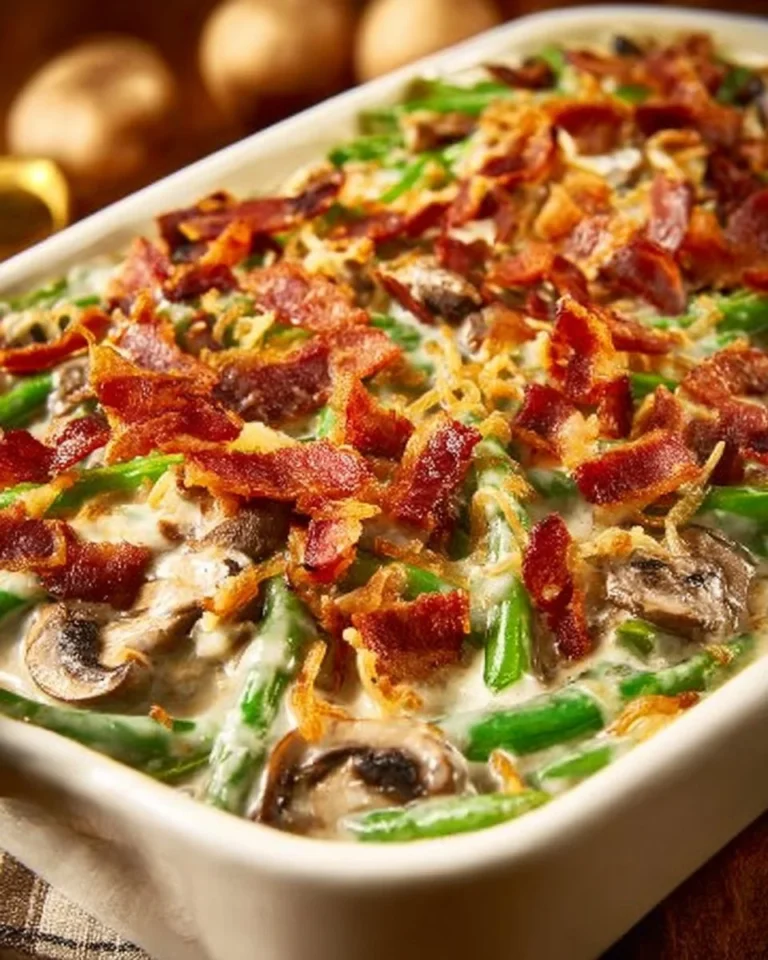 Delicious cheesy green bean casserole topped with crispy onions