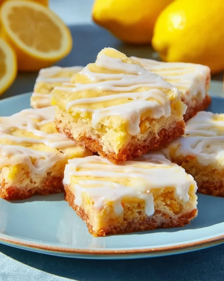 Delicious lemon brownies with a tangy glaze on a white plate.