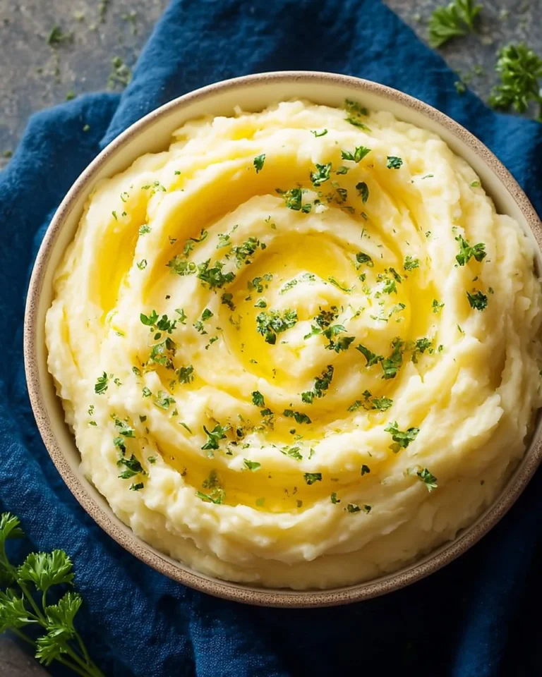 Bowl of creamy mashed potatoes topped with butter and herbs
