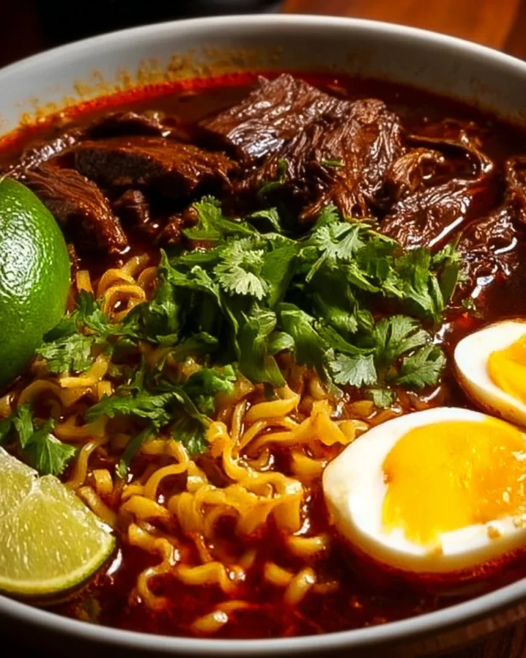 Delicious bowl of Birria Ramen with tender meat and rich broth