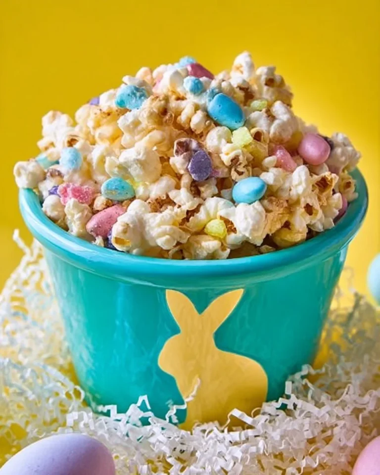 Colorful Bunny Bait Easter popcorn snack mix in a bowl with spring decor.