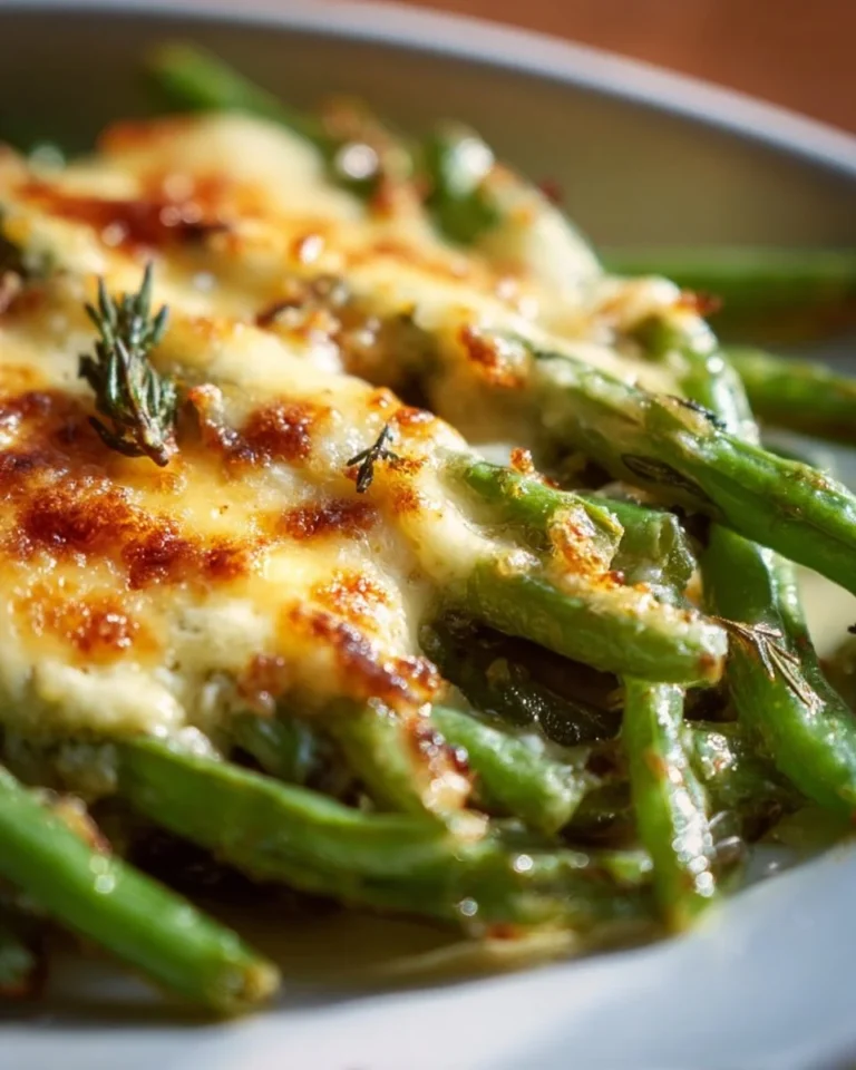 Cheesy garlic baked green beans served in a dish