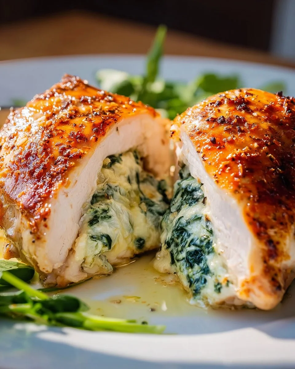 Cheesy spinach stuffed chicken breasts served on a plate with herbs