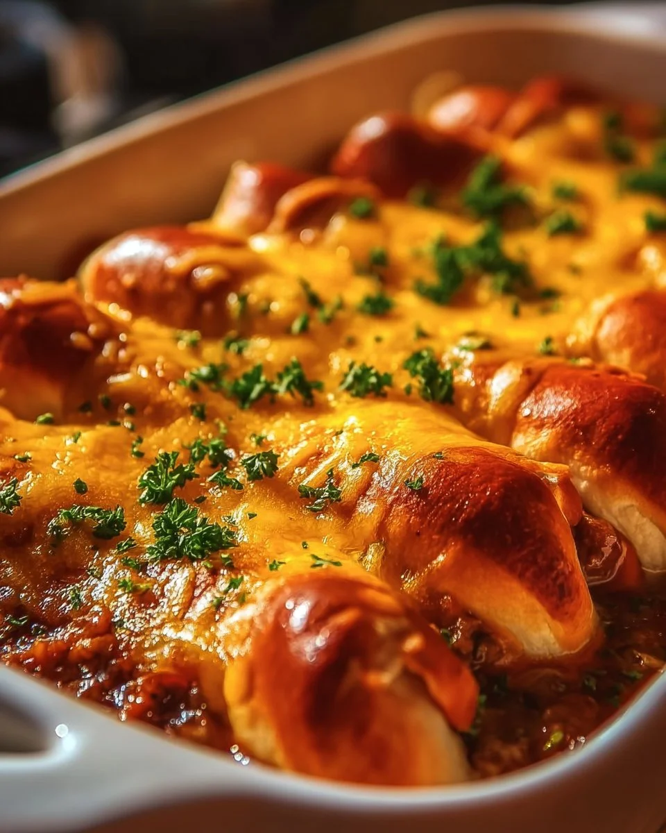 Delicious Chili Cheese Dog Bake topped with cheese and chili