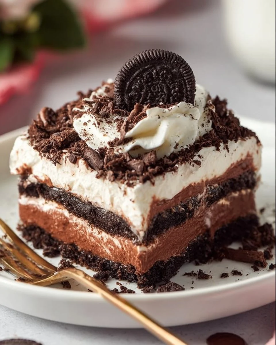 Delicious layered Chocolate Lasagna with chocolate cream and toppings.