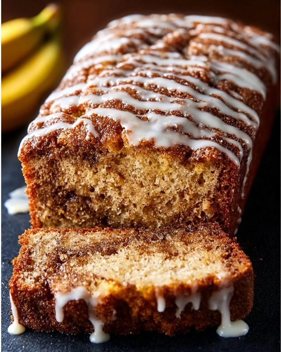 Slices of delicious cinnamon swirl banana bread on a wooden board.