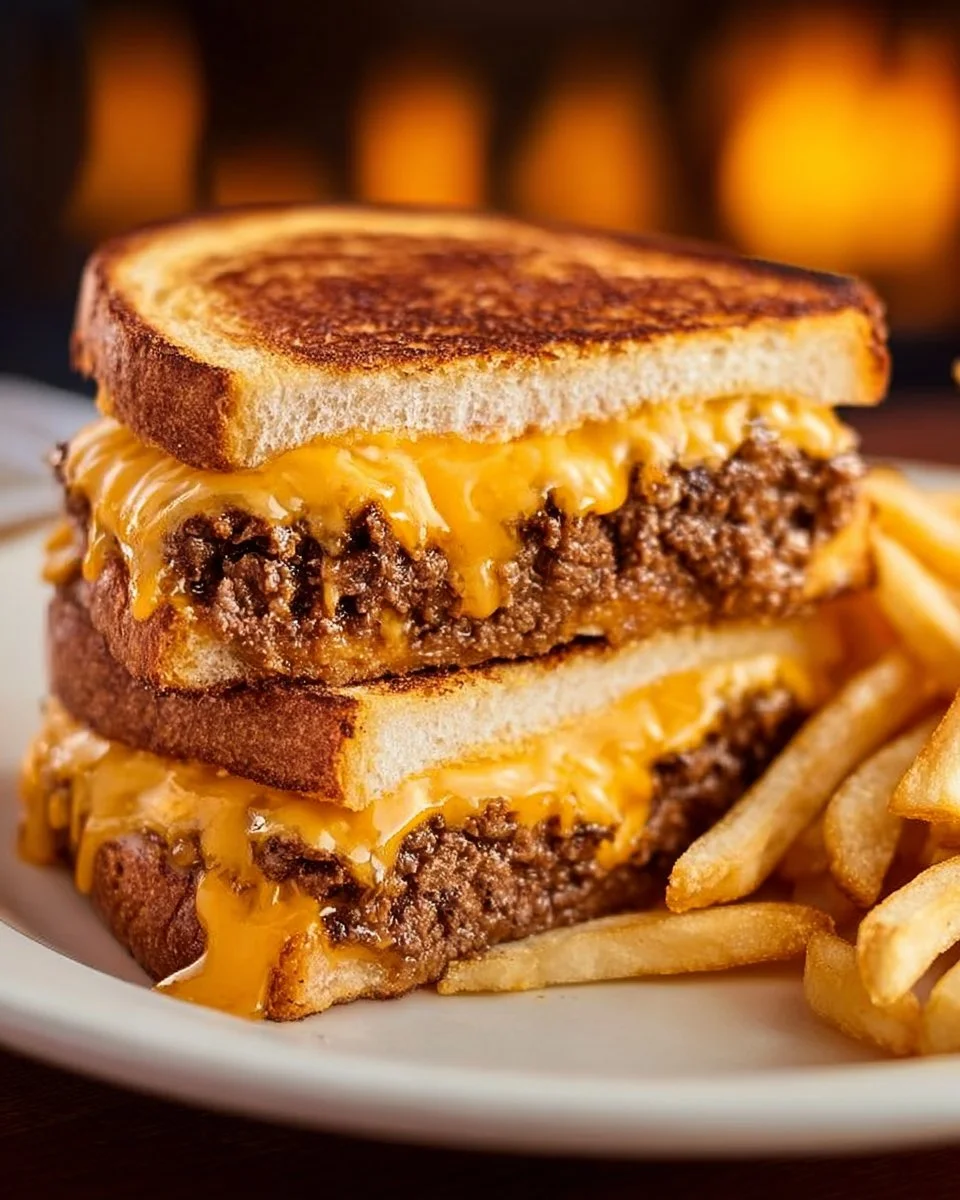 Delicious classic patty melt with beef, cheese, and caramelized onions