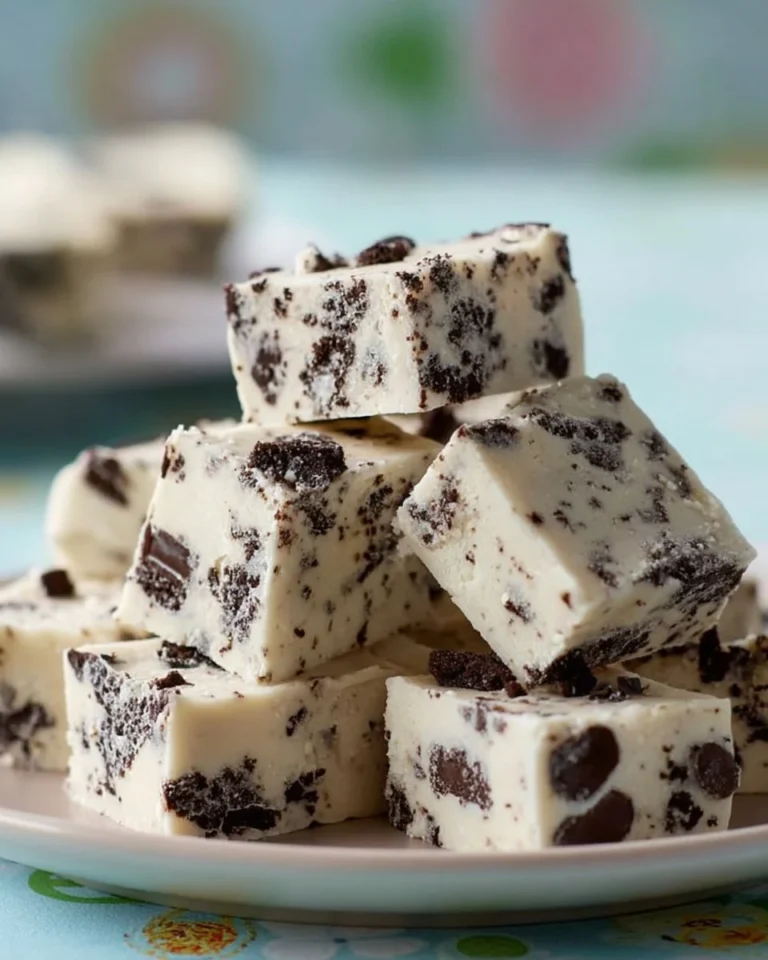 Delicious homemade Cookies and Cream Fudge with cookie chunks and creamy texture.