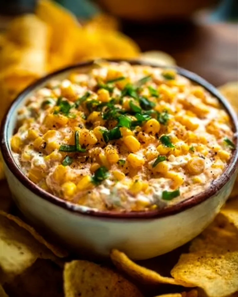 Creamy Corn Dip served in a bowl with tortilla chips for dipping