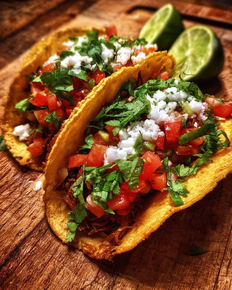 A plate of crispy black bean tacos topped with fresh vegetables and salsa.