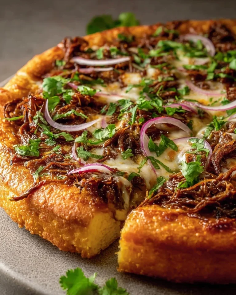 Crispy oven-baked birria pizza topped with melted cheese and flavorful ingredients